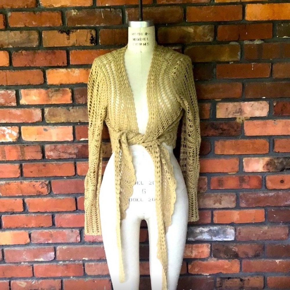 Karen Kane Crochet Sweater Bell Sleeves Tan